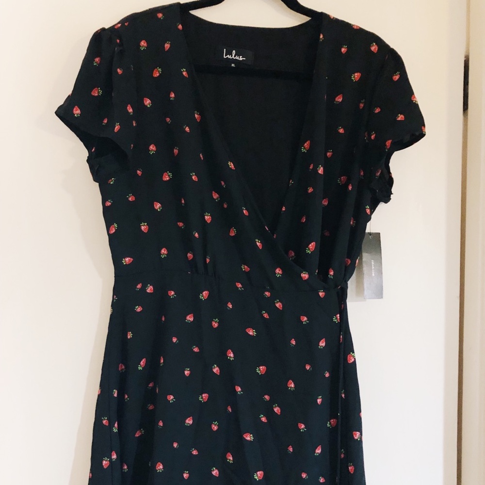 LULU’s “BERRY CUTE” Black Strawberry Wrap Dress